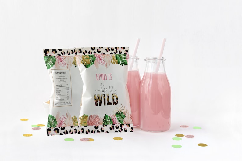 Safari Leopard Print Birthday Chip bag template, Girls Birthday Favors, EDITABLE, Animal Print, Two Wild Party Wild Jungle Chip Bag PA01 image 1