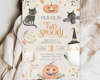 Editable Two Spooky Invite Halloween 2nd Birthday Invitation Boy 2nd Birthday Invite Retro Ghost 2 Spooky Minimalist Halloween Invite