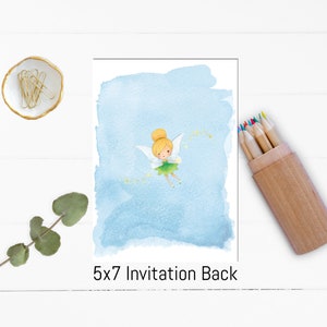 May include: A light blue watercolor background with a cartoon fairy illustration. The fairy is wearing a green dress and has blonde hair. The fairy is flying and sprinkling glitter. The text "5x7 Invitation Back" is at the bottom of the image.