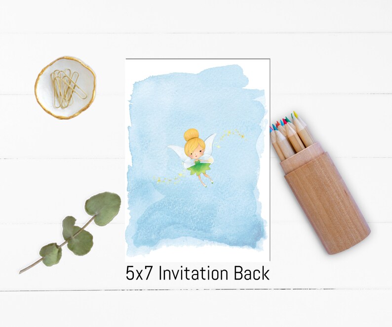 May include: A light blue watercolor background with a cartoon fairy illustration. The fairy is wearing a green dress and has blonde hair. The fairy is flying and sprinkling glitter. The text "5x7 Invitation Back" is at the bottom of the image.