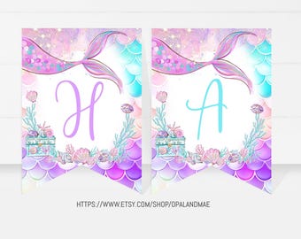 Banner de cumpleaños de sirena bajo el mar EDITABLE Banner personalizado Primer cumpleaños de sirena Banner de la Sirenita IMPRIMIBLE DIGITAL MT01