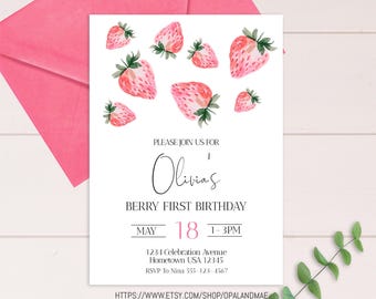 Editable Strawberry Birthday Invitation Strawberries 1st Digital Download Template First Birthday Berry Sweet Girl Cute Printable SB01