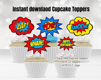 Printable  Super Hero Cupcake Toppers, Super hero Birthday Decorations, Birthday Cake toppers Instant download Printable