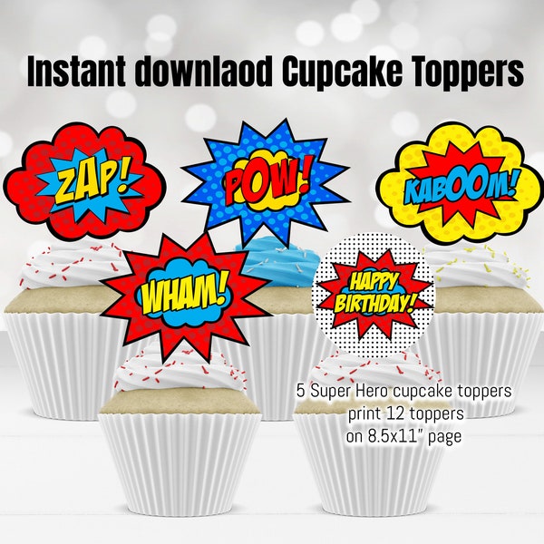 Printable  Super Hero Cupcake Toppers, Super hero Birthday Decorations, Birthday Cake toppers Instant download Printable