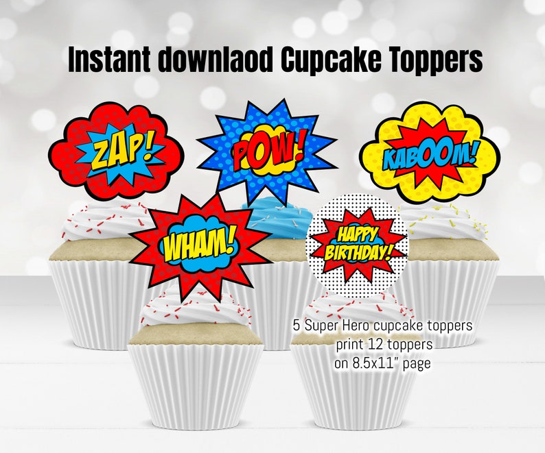 Printable Super Hero Cupcake Toppers, Super hero Birthday Decorations, Birthday Cake toppers Instant download Printable image 1
