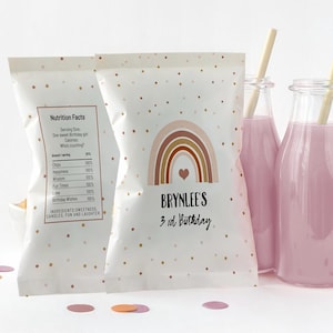 Boho Rainbow Chip bag template, Girl Boho Rainbow party, Boho Baby Shower, Girls Birthday Favors, EDITABLE, Pink rainbow Chip Bag RB01