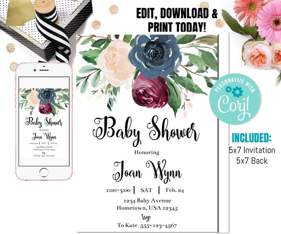 Buy EDITABLE Invitation Blush Navy Floral Baby Shower Invitation.