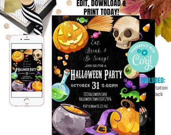 Halloween Invitation, Halloween Invite, Eat Drink Be Scary Invite, Halloween Party , Halloween Party Invite, Pumpkins, Editable Template
