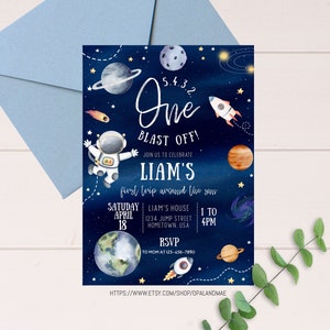 EDITABLE First Trip Around the Sun Outer Space First Birthday Invitation Galaxy Blast Off Astronaut Printable Template Digital Download SP01