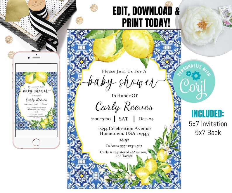 Wedding Place Cards, Watercolor Lemon, Positano, Citrus, Flat and Tent Folded, INSTANT DOWNLOAD, Editable image 4