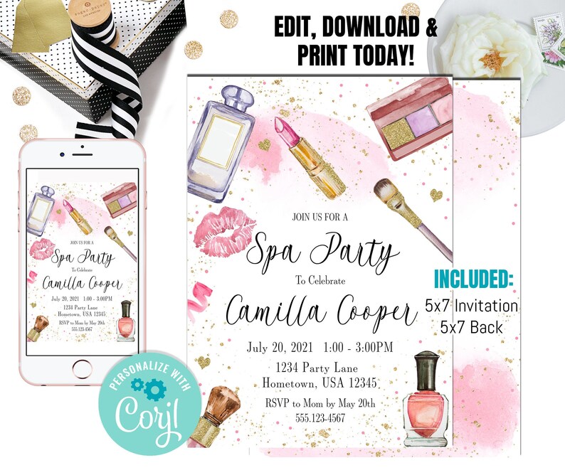 May include: Pink and white spa party invitation with watercolor illustrations of makeup and beauty products. The invitation includes the text "Join us for a Spa Party to Celebrate Camilla Cooper" and details for the party, including the date, time, location, and RSVP information.