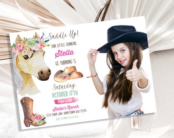 Editable Horse Birthday Invitation Girl Saddle Up Watercolor Cowgirl Party Horse Invite Pink Floral Download Printable Template Corjl