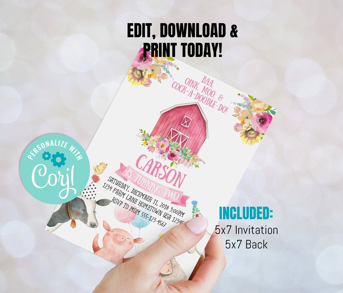 Editable Farm Birthday Invitation Girl Farm Animals Pink | Etsy