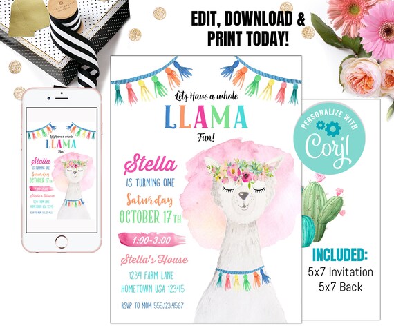 Llama Invitation, Llama Birthday Invitation, Llama Invitations, Llama ...