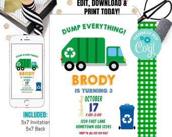 May include: A green and blue garbage truck birthday invitation with the text "Dump Everything!" and "Brody is turning 3". The invitation includes a date, time, and address.