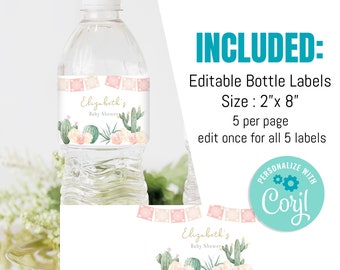 May include: Editable water bottle labels with a cactus and floral design. The labels are pink, green, and gold with the text "Elizabeth's Baby Shower". The labels are 2 inches by 8 inches and come 5 per page.
