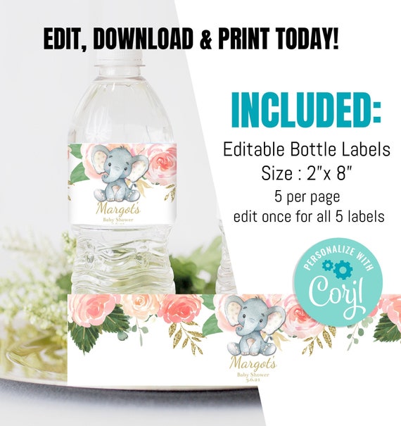 EDITABLE Elephant Baby shower Bottle Label Girl Pink gold Water labels, Printable 1st Birthday