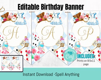 Puede incluir: Bandera de cumpleaños editable con ilustraciones de temática de Alicia en el País de las Maravillas. La bandera incluye un flamenco rosa, un reloj de bolsillo, una taza de té, una botella con las palabras "Drink Me", una carta de juego y una letra de purpurina dorada. La bandera está diseñada para imprimirse en papel de 8,5x11 pulgadas.