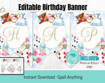 EDITABLE Alice in Wonderland Banner, Happy Birthday Banner, Girl Tea party, Onederland banner, Printable Instant download