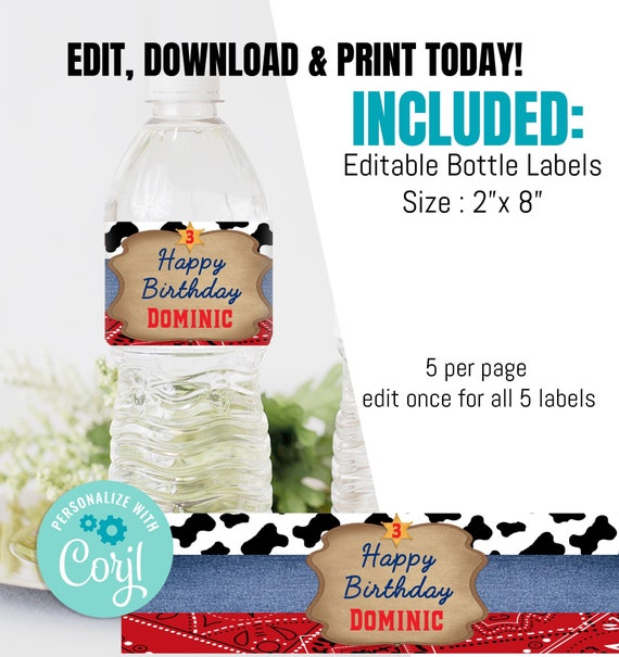 EDITABLE Cowboy Western Birthday Bottle Label, Farm theme Water bottle labels, Wild one, First Rodeo, Instant download Boy Birthday label Il_570xn