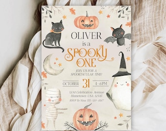 Redigerbar läskig födelsedagsinbjudan, Halloween 1-årsdag, retro spöke