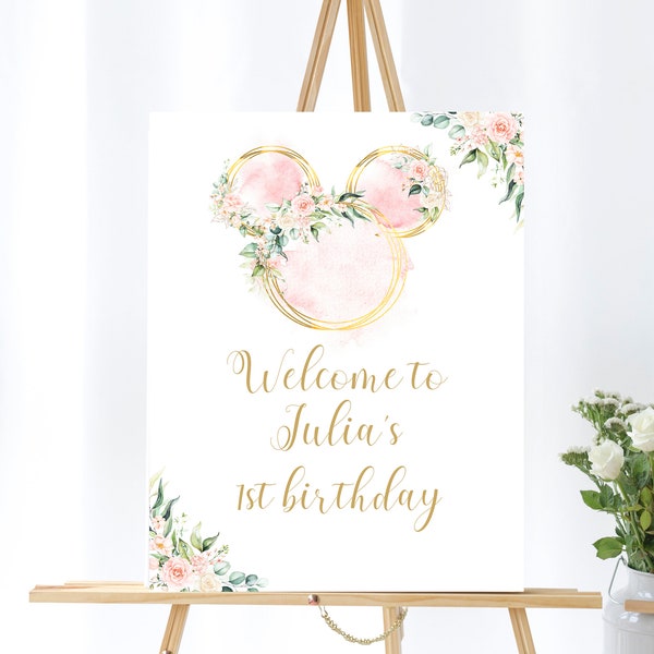 Editable Floral Gold Pink Mouse Printable Welcome Sign, 18x24 Two dles Welcome sign, Watercolor Pink Girl Mouse Birthday sign 0123