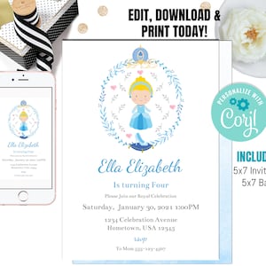 EDITABLE Princess Birthday Invitation Template, Cinderella Princess, Princess Printable Invite, INSTANT DOWNLOAD