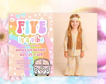 Editable Five Is A Vibe Rainbow Peace Sign Photo Invitation Retro Groovy 5th Birthday Hippie Invitation Disco Party PRINTABLE DOWNLOAD HP01