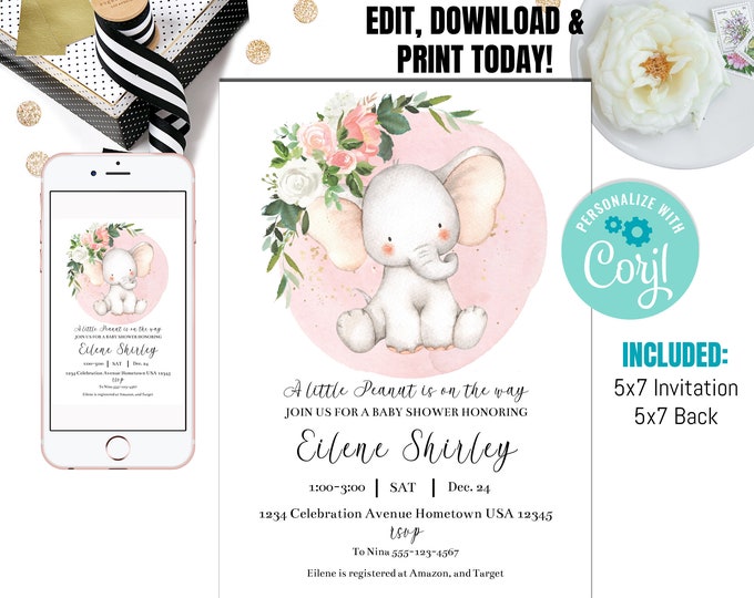 EDITABLE Blush Pink Rose Gold Elephant Baby Shower Invitation Girl Baby ...