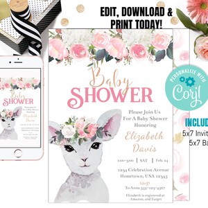 Lamb baby shower invitation, Little Lamb, sheep invite, Its a girl baby Shower, pink flowers, INSTANT download edit yourself, blush, Floral