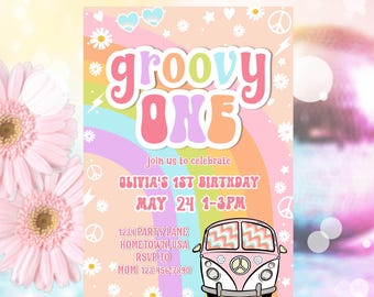 Editable Groovy One Rainbow Peace Sign Invitation Retro Groovy 1st Birthday Hippie Invitation Hippie Disco Party PRINTABLE DOWNLOAD HP01