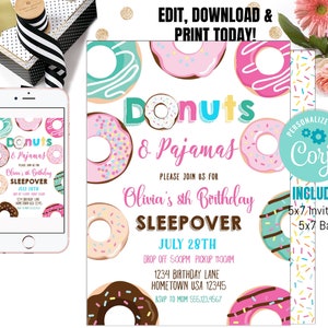 Puede incluir: Una invitaci&oacute;n imprimible para una fiesta de pijamas con tem&aacute;tica de donas. La invitaci&oacute;n presenta un patr&oacute;n de donas rosadas, azules y marrones con chispas. El texto en la invitaci&oacute;n dice "Donuts & Pajamas Olivia's 8th Birthday Sleepover July 28th".