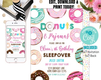 May include: A printable invitation for a donut and pajamas themed sleepover party. The invitation features a pink, blue, and brown donut pattern with sprinkles. The text on the invitation reads "Donuts & Pajamas Olivia's 8th Birthday Sleepover July 28th".