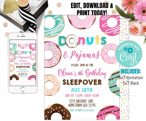 Teen Invitation Sleepover, Tween Birthday Invitation, Donut invitation ,Sleepover invitation, Slumber party invitation, Editable Il_570xn