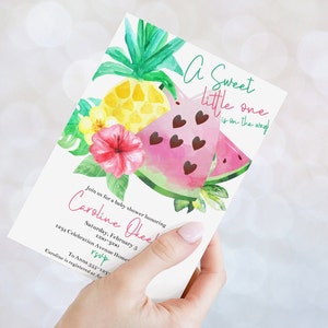 Un dolce bebè sta per arrivare! Invito per baby shower a tema anguria, neutro rispetto al genere, download immediato, modello modificabile. immagine 3