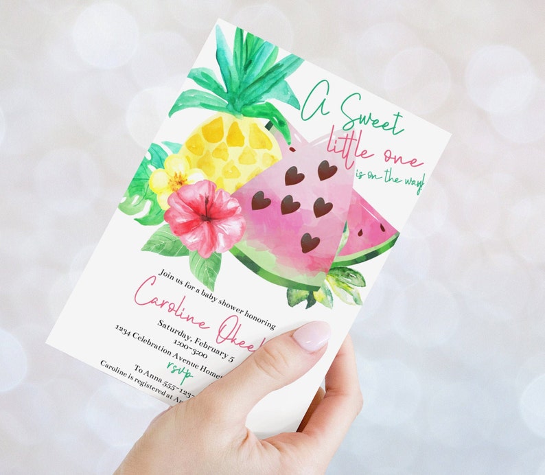 Un dolce bebè sta per arrivare! Invito per baby shower a tema anguria, neutro rispetto al genere, download immediato, modello modificabile. immagine 3