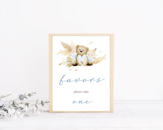 Boho Teddy Bear Baby Shower Favor Sign Bohemian Pampas Grass Blue Boy Boho Teddy Bear Baby Shower Decor Instant Download Il_570xn