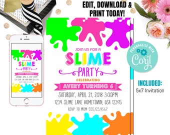 Girl's Slime Birthday Party Invitation, Editable Template (5x7)