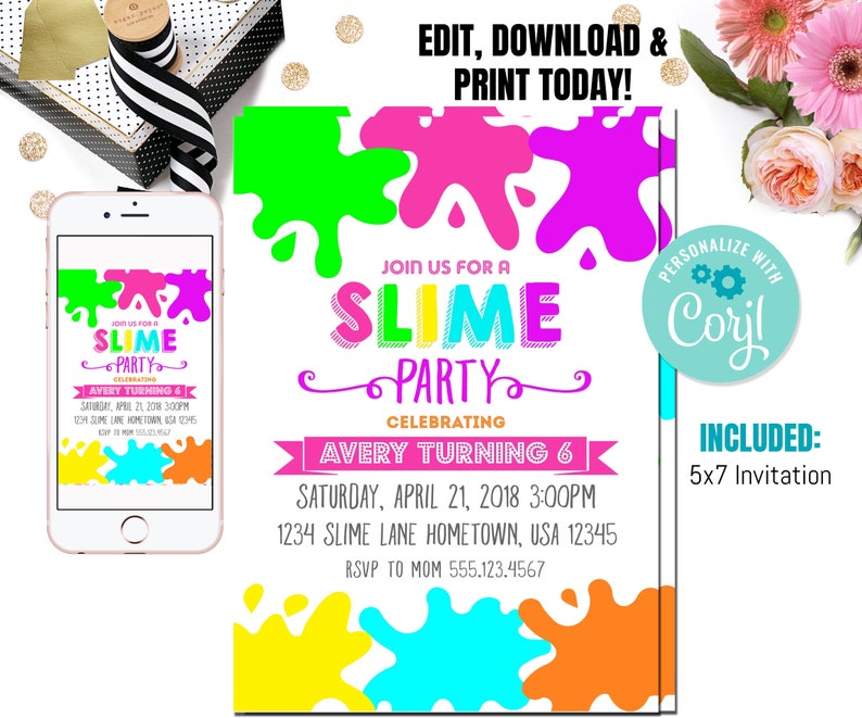Girl's Slime Birthday Party Invitation, Editable Template (5x7) image 1