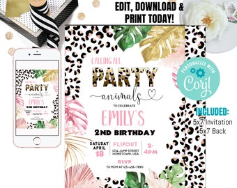Party Animal Invitation, Party Animal Printable, Two Wild, Party Animals Zoo Invite, Jungle Theme, Wild Three PA101