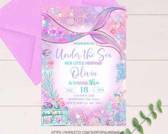 Editable Mermaid Birthday Invitation Mermaid Invite Under the Sea Birthday Party Printable Template Digital Instant Download M1 MT01