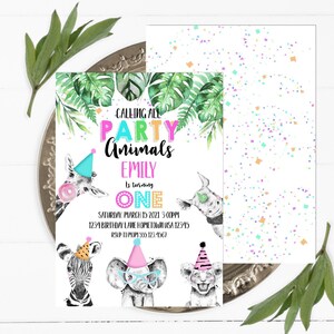 Editable Party Animals Birthday Invitation Wild One Animals Invitation Zoo Safari Animals Girl Birthday Download Printable Invite Template image 3