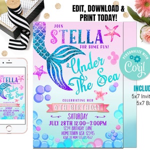 Mermaid Invitation Mermaid Birthday Invitation Under The Sea Birthday Party Whimsical Under The Sea Party Instant Download Editable MT01
