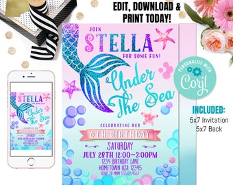 Mermaid Invitation Mermaid Birthday Invitation Under The Sea Birthday Party Whimsical Under The Sea Party Instant Download Editable File