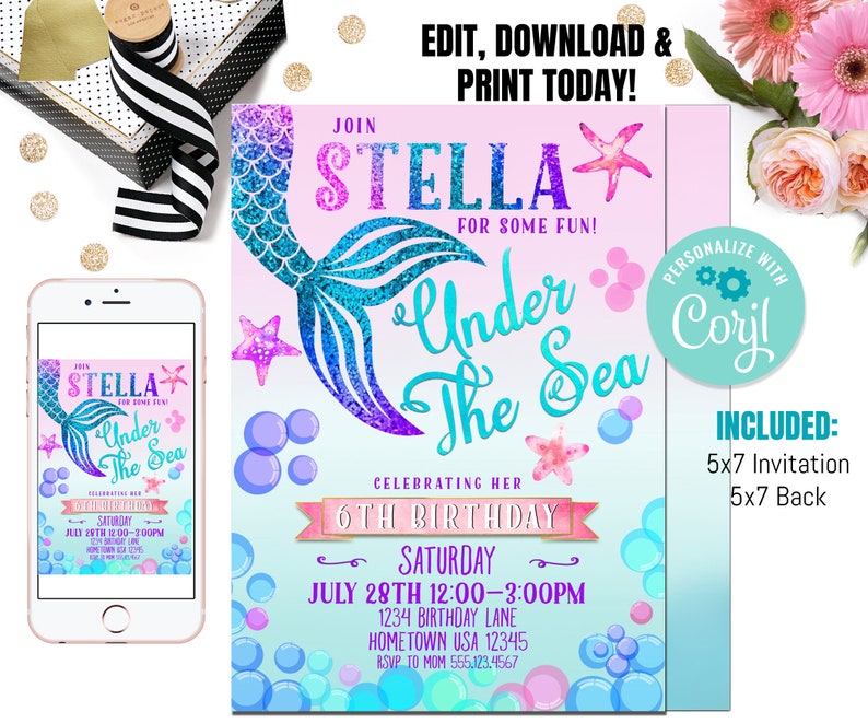 May include: A printable invitation for a 6th birthday party with a mermaid theme. The invitation features a mermaid tail with blue and purple glitter, a starfish, and the text "Join Stella for some fun! Under the Sea". The invitation is pink and blue with a light blue background.