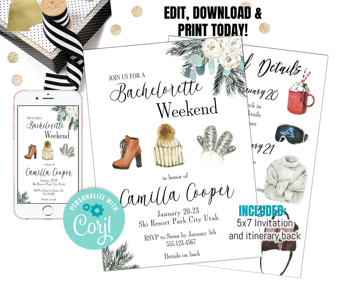 Editable Bachelorette Party Ski Weekend Itinerary Invitation