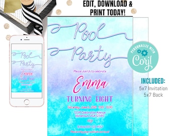 Pool party birthday invitation, instant download EDITABLE FILE , teen girls pool party invite,  blue aqua turquoise ombre watercolor CORJL