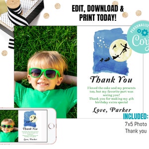 May include: A printable thank you card with a watercolor illustration of Peter Pan flying with the Lost Boys. The card has a blue background with white stars and a yellow moon. The text on the card reads "Thank You" and "Love, Parker".