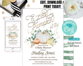 Inbjudningar till höstbabyshower, liten pumpa, höstdusch, guldglitter, inbjudan till höstbabyshower, inbjudningsmall, direktnedladdning