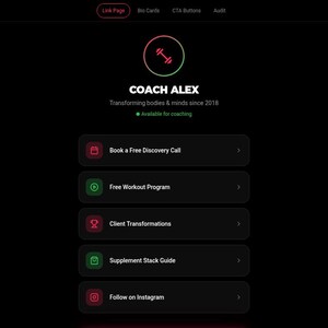 Può includere: Interfaccia di sito web scura con il testo "COACH ALEX" e un logo di bilanciere. La pagina offre opzioni come "Book a Free Discovery Call" e "Free Workout Program". Tema: servizi di coaching.